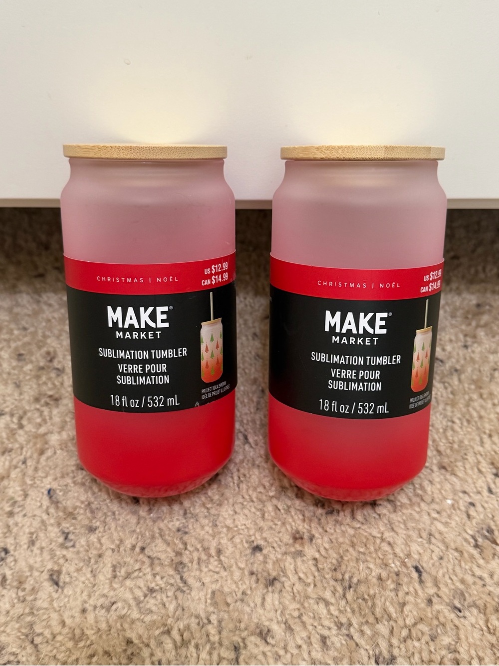 2- 18 oz Glass Red Ombré Sublimation Cups with Bamboo Lids